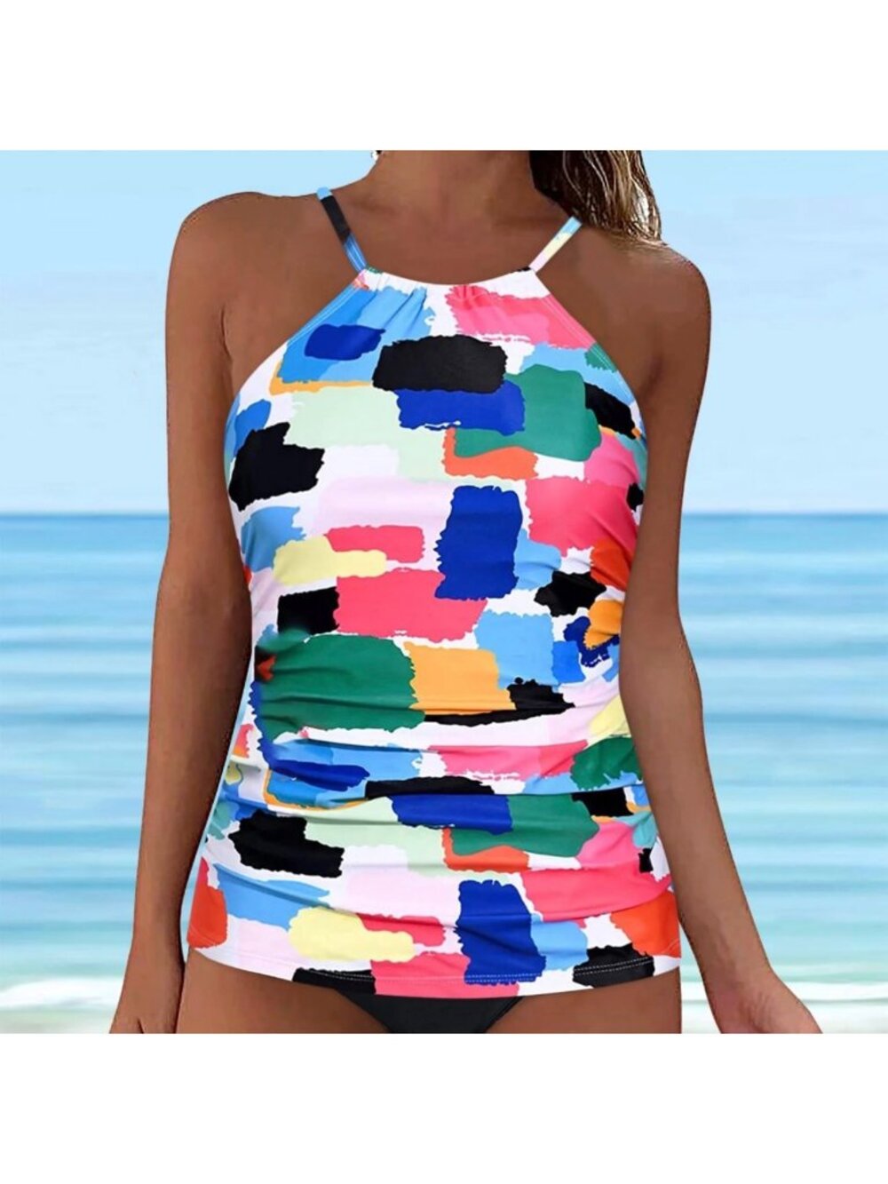NWT Women’s Multicolor Halter Swim Top Long Tankini Top Only Bathing Suit Piece